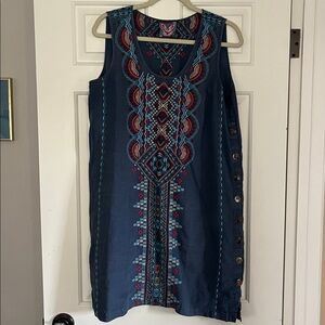 Johnny Was Blue Linen Dress with Multicolor Embroidery